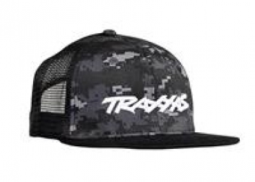 Trucker Cap Camouflage/Logo weiß, flacher Schirm